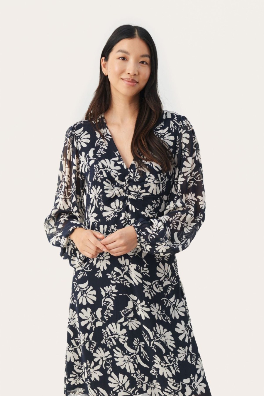 By Product Part Two | Fionia Dress - Dark Navy Stencil Flower Navy/White