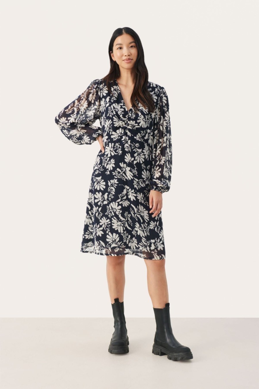 By Product Part Two | Fionia Dress - Dark Navy Stencil Flower Navy/White