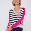 By Product Vilagallo | V Neck Striped Merino Knit Navy / Pink