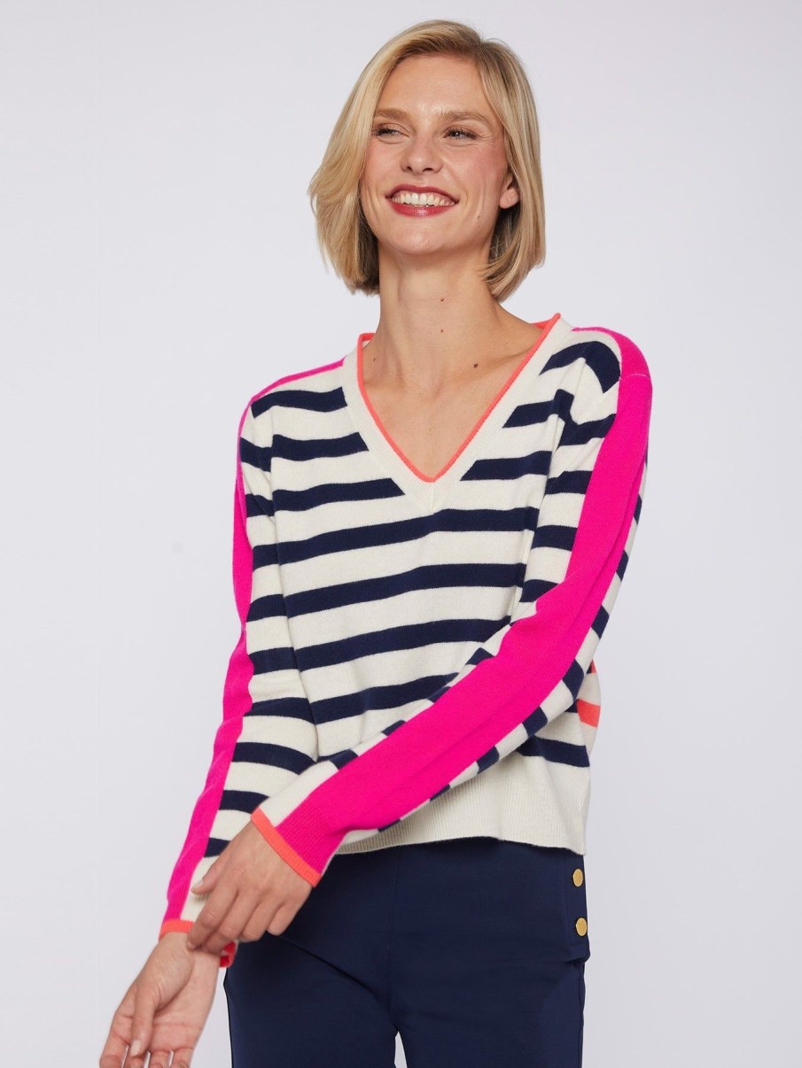 By Product Vilagallo | V Neck Striped Merino Knit Navy / Pink