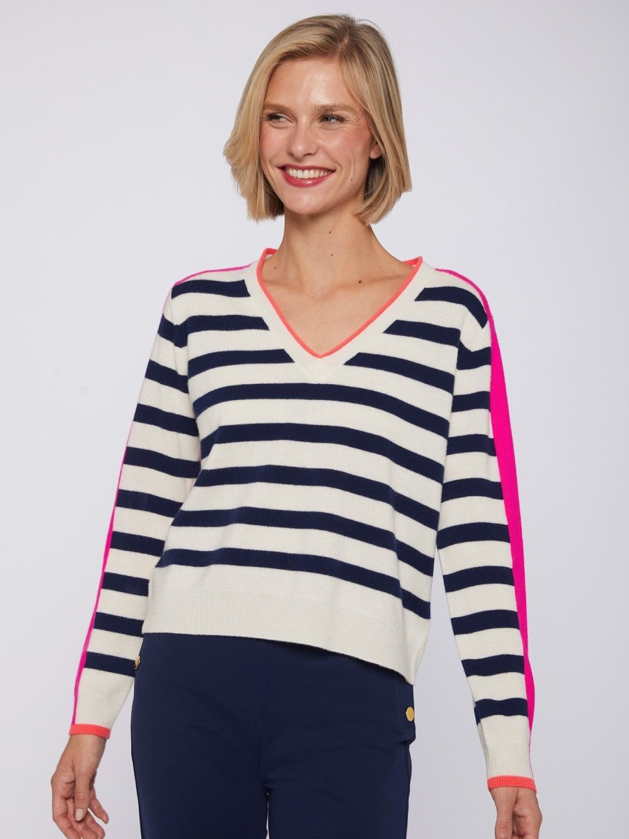 By Product Vilagallo | V Neck Striped Merino Knit Navy / Pink