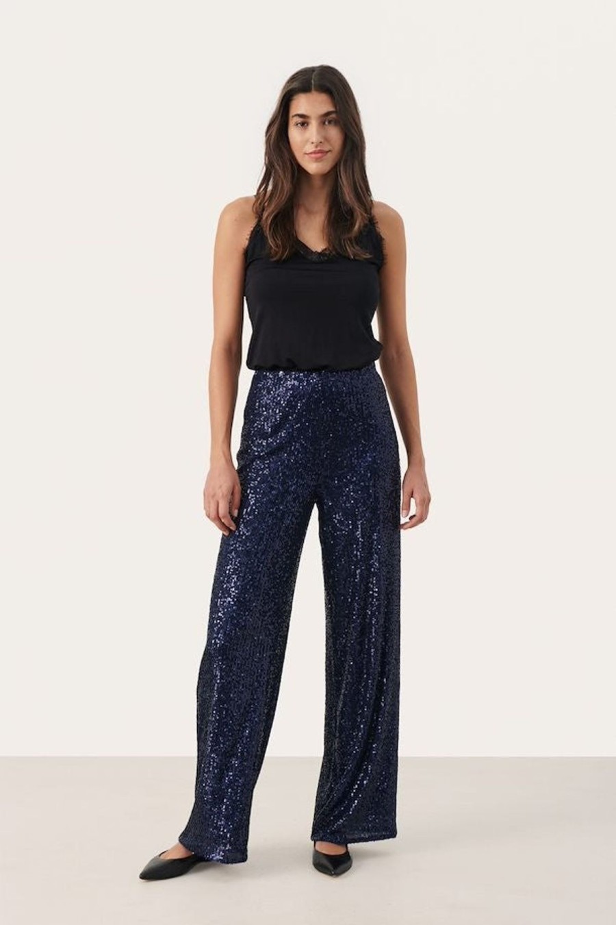 By Product Part Two | Tatiana Sequin Palazzo Trousers - Midnight Sail Navy