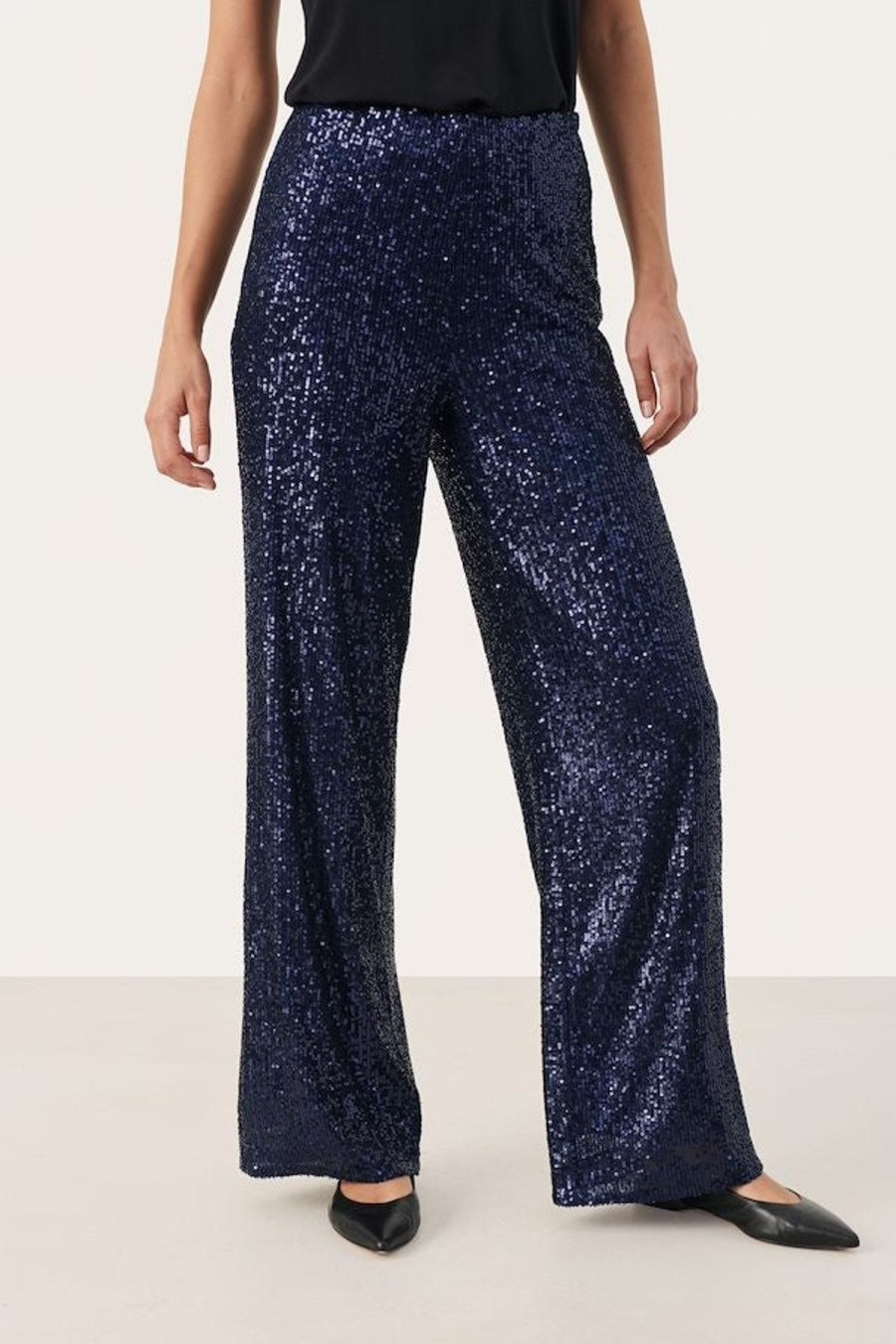 By Product Part Two | Tatiana Sequin Palazzo Trousers - Midnight Sail Navy