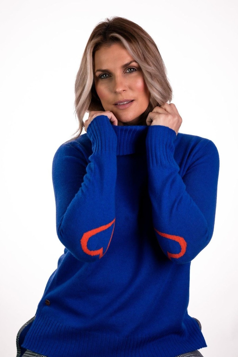 By Product Arkell & Wills | Cashmere Roll Neck With Intarsia Orange Heart Cobalt