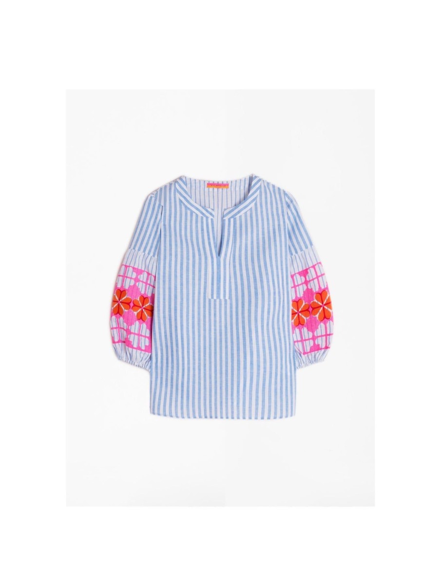 By Product Vilagallo | Kaya Striped Embroidered Blouse Blue White