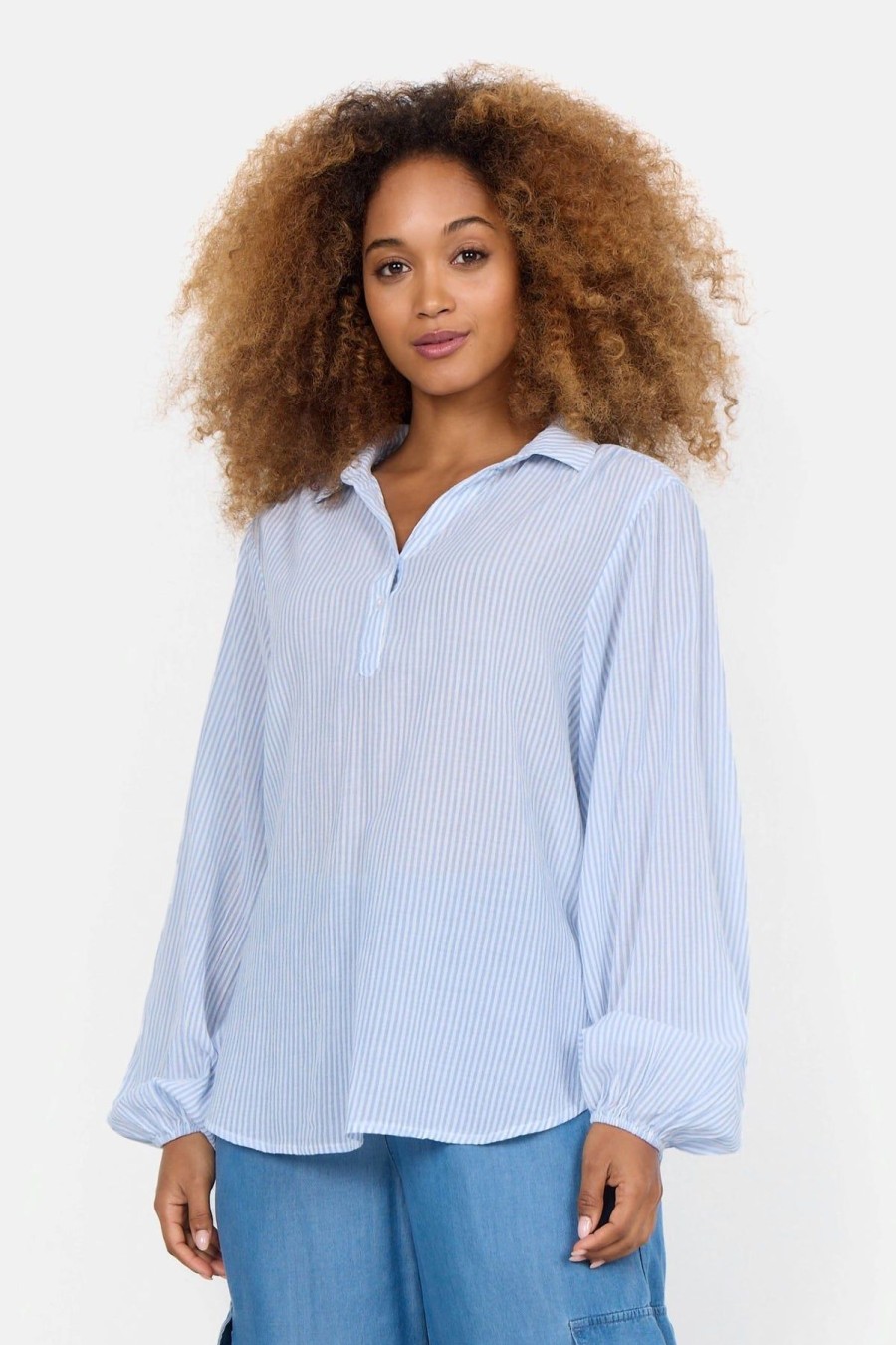 By Product Soya Concept | Dione Pinstripe Cotton Shirt Blue White