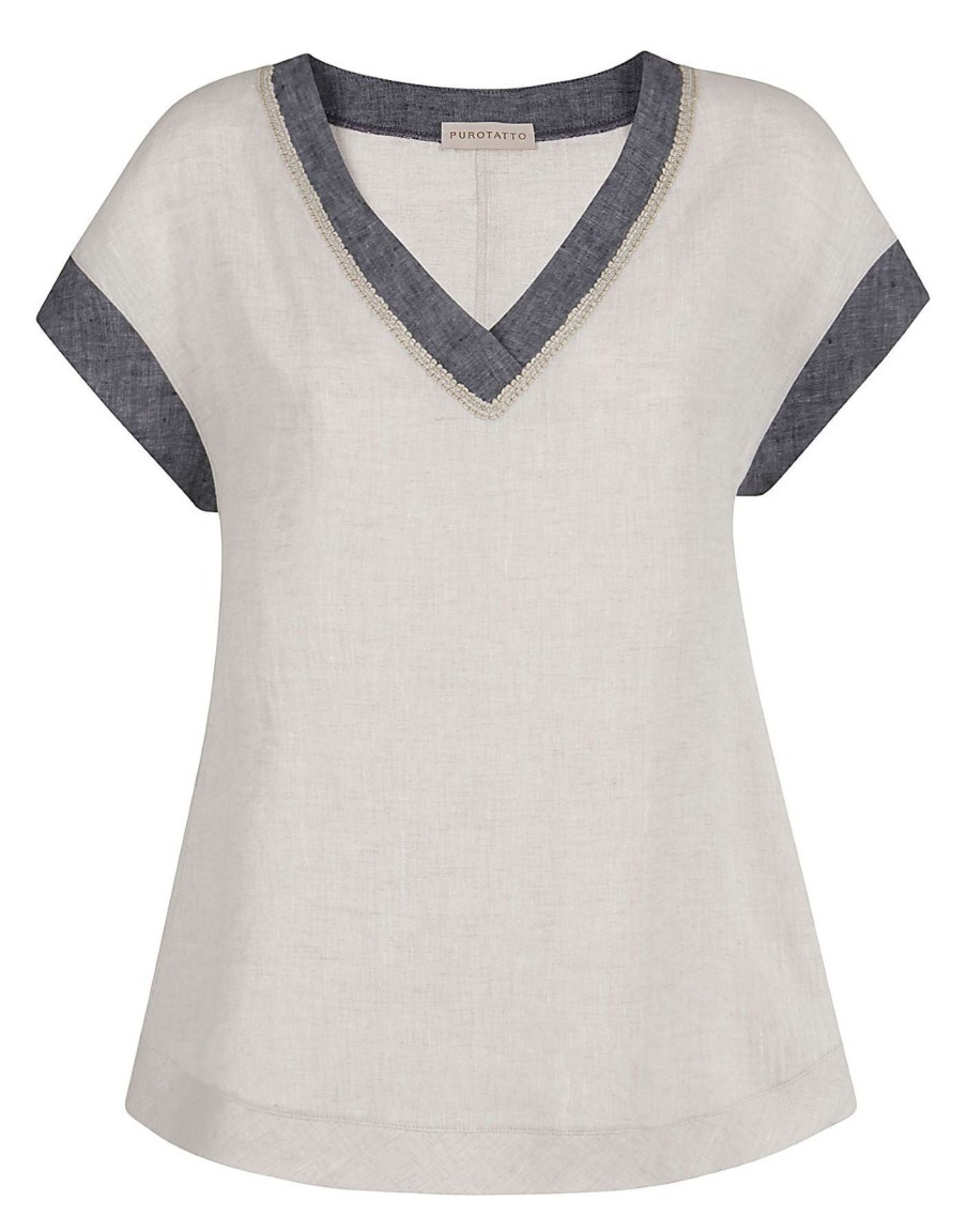 By Product Purotatto | V Neck Linen Top Sand