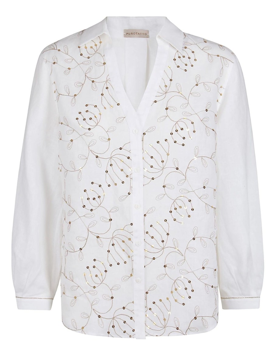 By Product Purotatto | Embroidered Sequinned Linen Blouse White