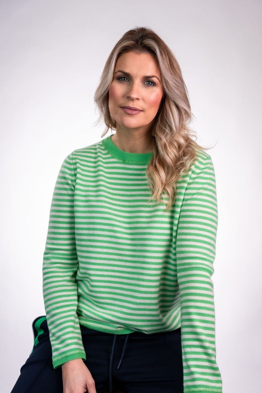 By Product Arkell & Wills | Striped Boxy Crew With Pink Intarsia Elbow Heart Green/White