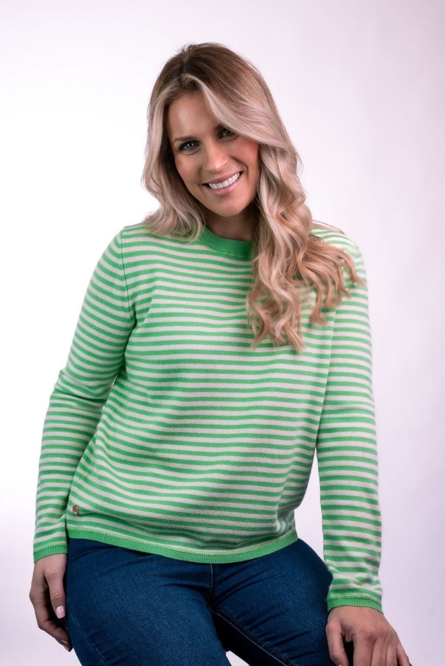 By Product Arkell & Wills | Striped Boxy Crew With Pink Intarsia Elbow Heart Green/White