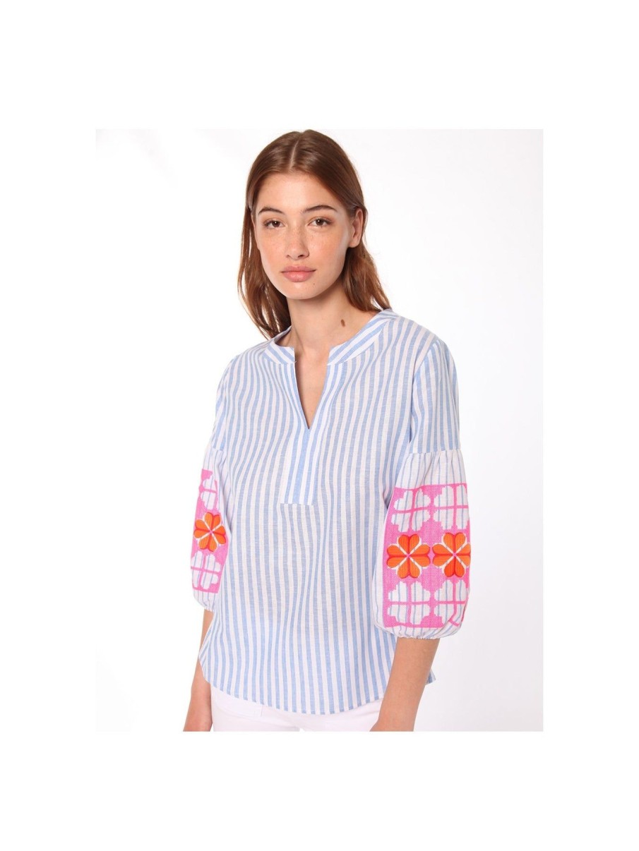 By Product Vilagallo | Kaya Striped Embroidered Blouse Blue White